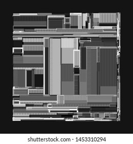Vector illustration of a complex geometric pattern reminiscent of a futuristic city from top view. Modern geometrical composition against black background. Techno concept in a greyscale tones.