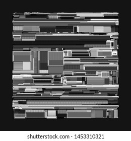 Vector illustration of a complex geometric pattern reminiscent of a futuristic city from top view. Modern geometrical composition against black background. Techno concept in a greyscale tones.