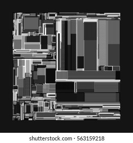 Vector illustration of a complex geometric pattern reminiscent of a futuristic cityscape from top view. 