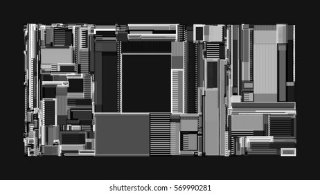 Vector illustration of a complex geometric pattern reminiscent of a futuristic cityscape from top view. 