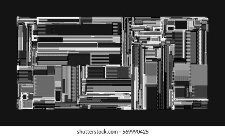 Vector illustration of a complex geometric pattern reminiscent of a futuristic cityscape from top view. 