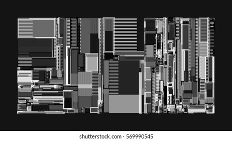 Vector illustration of a complex geometric pattern reminiscent of a futuristic cityscape from top view. 