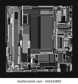 Vector illustration of a complex geometric pattern reminiscent of a futuristic cityscape from top view. 