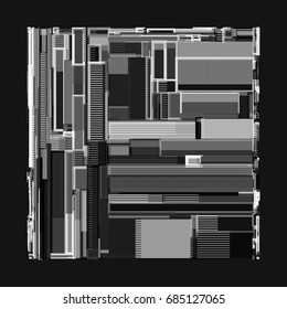 Vector illustration of a complex geometric pattern reminiscent of a futuristic cityscape from top view. Techno pattern against black background.
