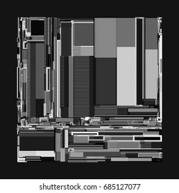 Vector illustration of a complex geometric pattern reminiscent of a futuristic cityscape from top view. Techno pattern against black background.
