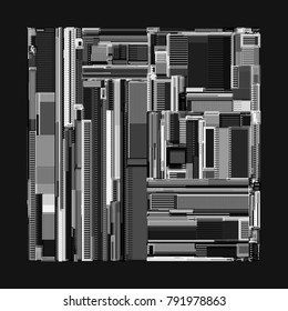 Vector illustration of a complex geometric pattern reminiscent of a futuristic cityscape from top view