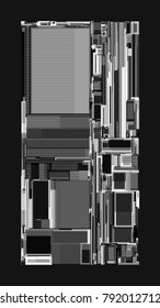 Vector illustration of a complex geometric pattern reminiscent of a futuristic cityscape from top view