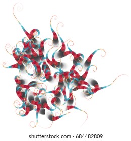 Vector illustration of a complex geometric structure consisting of multicolored circles of different size and transparency. Strange object with swirls at the end.