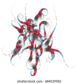 Vector illustration of a complex geometric structure consisting of multicolored circles of different size and transparency. Strange alien object with swirls at the end.