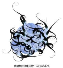 Vector illustration of a complex geometric structure consisting of multicolored circles of different size and transparency. Strange alien object with swirls at the end.