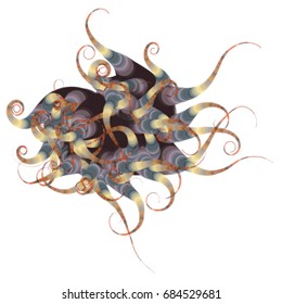 Vector illustration of a complex geometric structure consisting of multicolored circles of different size and transparency. Strange alien object with swirls at the end.