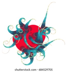 Vector illustration of a complex geometric structure consisting of multicolored circles of different size and transparency. Strange alien object with swirls at the end.