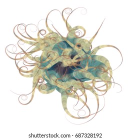 Vector illustration of a complex geometric structure consisting of multicolored circles of different size and transparency. Strange alien object with swirls at the end.