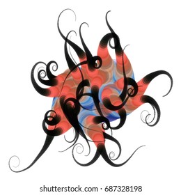 Vector illustration of a complex geometric structure consisting of multicolored circles of different size and transparency. Strange alien object with swirls at the end.