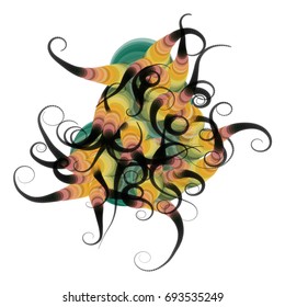 Vector illustration of a complex geometric structure consisting of multicolored circles of different size and transparency. Strange alien object with swirls at the end.