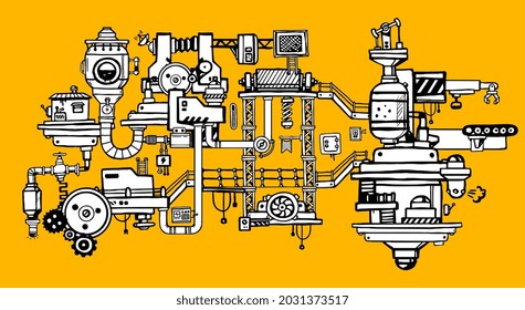 Vector Illustration of Complex Mechanism of Product Production. Line Art Style Design of Black and White Retro Machine on Color Background