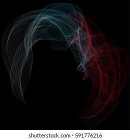 Vector illustration of a complex network structure formed by the interweaving of smoothly curved lines against black background