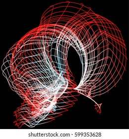 Vector illustration of a complex network structure formed by the interweaving of smoothly curved lines against black background