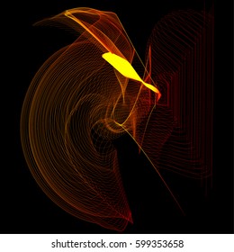 Vector illustration of a complex network structure formed by the interweaving of smoothly curved lines against black background