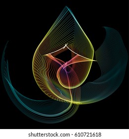 Vector illustration of a complex network structure formed by the interweaving of smoothly curved lines against black background