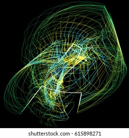 Vector illustration of a complex network structure formed by the interweaving of smoothly curved lines against black background
