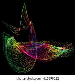 Vector illustration of a complex network structure formed by the interweaving of smoothly curved lines against black background