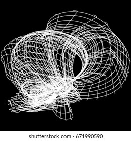 Vector illustration of a complex network structure formed by the interweaving of smoothly curved lines against black background