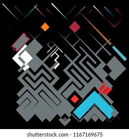 Vector illustration of a complex pixel pattern reminiscent of a maze. Abstract geometric background consisting of randomly arranged elements of different sizes and colors against black backdrop. 