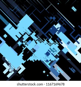 Vector illustration of a complex pixel pattern reminiscent of a maze. Abstract geometric background consisting of randomly arranged elements of different sizes and colors against black backdrop. 