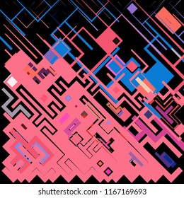 Vector illustration of a complex pixel pattern reminiscent of a maze. Abstract geometric background consisting of randomly arranged elements of different sizes and colors against black backdrop. 