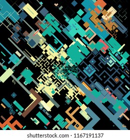 Vector illustration of a complex pixel pattern reminiscent of a maze. Abstract geometric background consisting of randomly arranged elements of different sizes and colors against black backdrop.