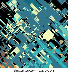 Vector illustration of a complex pixel pattern reminiscent of a maze. Abstract geometric background consisting of randomly arranged elements of different sizes and colors against black backdrop.