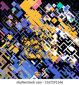 Vector illustration of a complex pixel pattern reminiscent of a maze. Abstract geometric background consisting of randomly arranged elements of different sizes and colors against black backdrop.