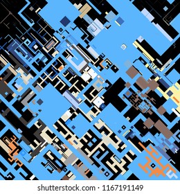 Vector illustration of a complex pixel pattern reminiscent of a maze. Abstract geometric background consisting of randomly arranged elements of different sizes and colors against black backdrop.