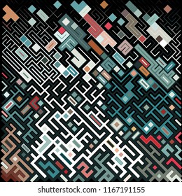 Vector illustration of a complex pixel pattern reminiscent of a maze. Abstract geometric background consisting of randomly arranged elements of different sizes and colors against black backdrop.
