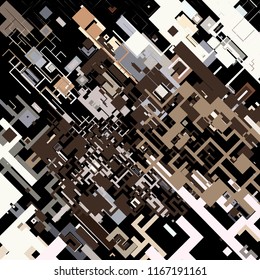 Vector illustration of a complex pixel pattern reminiscent of a maze. Abstract geometric background consisting of randomly arranged elements of different sizes and colors against black backdrop.