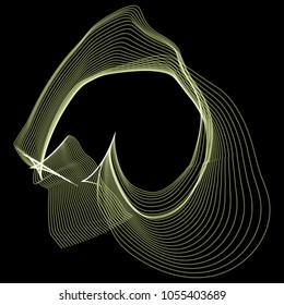 Vector illustration of a complex wireframe structure formed by the interweaving of smoothly curved lines against black background