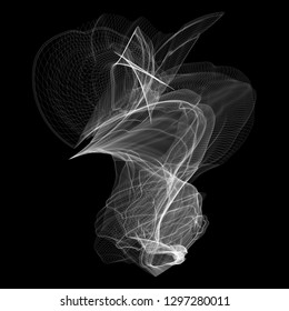 Vector illustration of a complex wireframe structure formed by the interweaving of smoothly curved lines against black background.