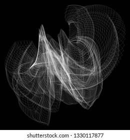 Vector illustration of a complex wireframe structure formed by the interweaving of smoothly curved lines against black background.