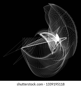 Vector illustration of a complex wireframe structure formed by the interweaving of smoothly curved lines against black background.