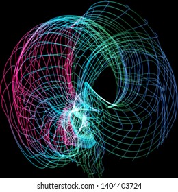 Vector illustration of a complex wireframe structure formed by the interweaving of smoothly curved lines against black background.
