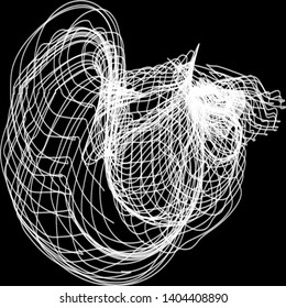 Vector illustration of a complex wireframe structure formed by the interweaving of smoothly curved lines against black background.
