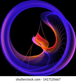 Vector illustration of a complex wireframe structure formed by the interweaving of smoothly curved lines against black background. Abstract fluid shape with diffusion gradient.