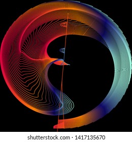 Vector illustration of a complex wireframe structure formed by the interweaving of smoothly curved lines against black background. Abstract fluid shape with diffusion gradient.