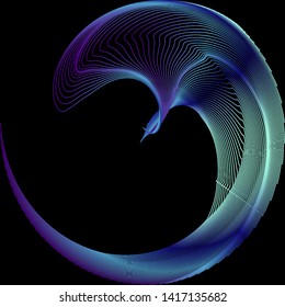 Vector illustration of a complex wireframe structure formed by the interweaving of smoothly curved lines against black background. Abstract fluid shape with diffusion gradient.