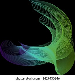 Vector illustration of a complex wireframe structure formed by the interweaving of smoothly curved lines against black background. Colorful plexus surface.
