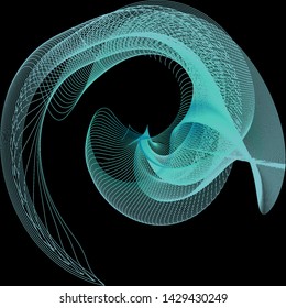 Vector illustration of a complex wireframe structure formed by the interweaving of smoothly curved lines against black background. Colorful plexus surface.