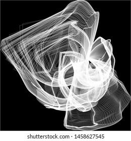 Vector illustration of a complex wireframe structure formed by the interweaving of smoothly curved lines against black background. Futuristic abstraction.