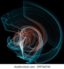 Vector illustration of a complex wireframe structure formed by the interweaving of smoothly curved lines against black background