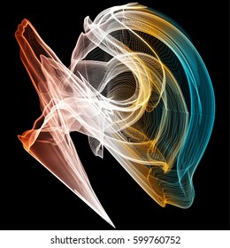 Vector illustration of a complex wireframe structure formed by the interweaving of smoothly curved lines against black background